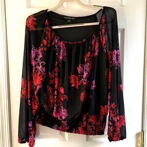 Harper 241 Floral Sheer Blouse XL Black Pink Smocked Hem Long Sleeve